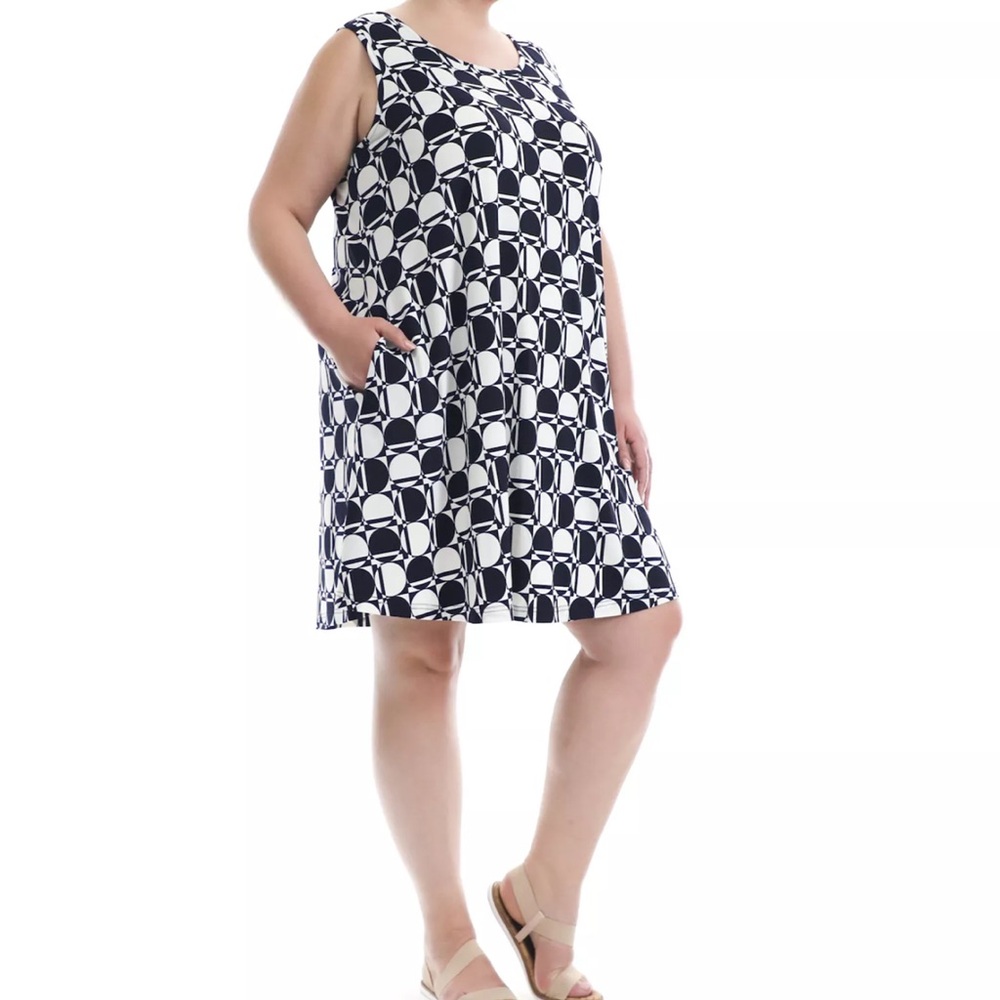 Nina Leonard Trapeze‎ Dress black & White Round Neck Sleeveless Round Neck 1X